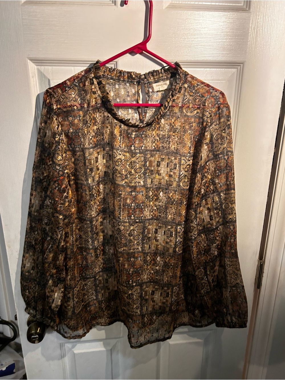Cost Plus World Market Brown and Black Patterned Long-Sleeve Blouse